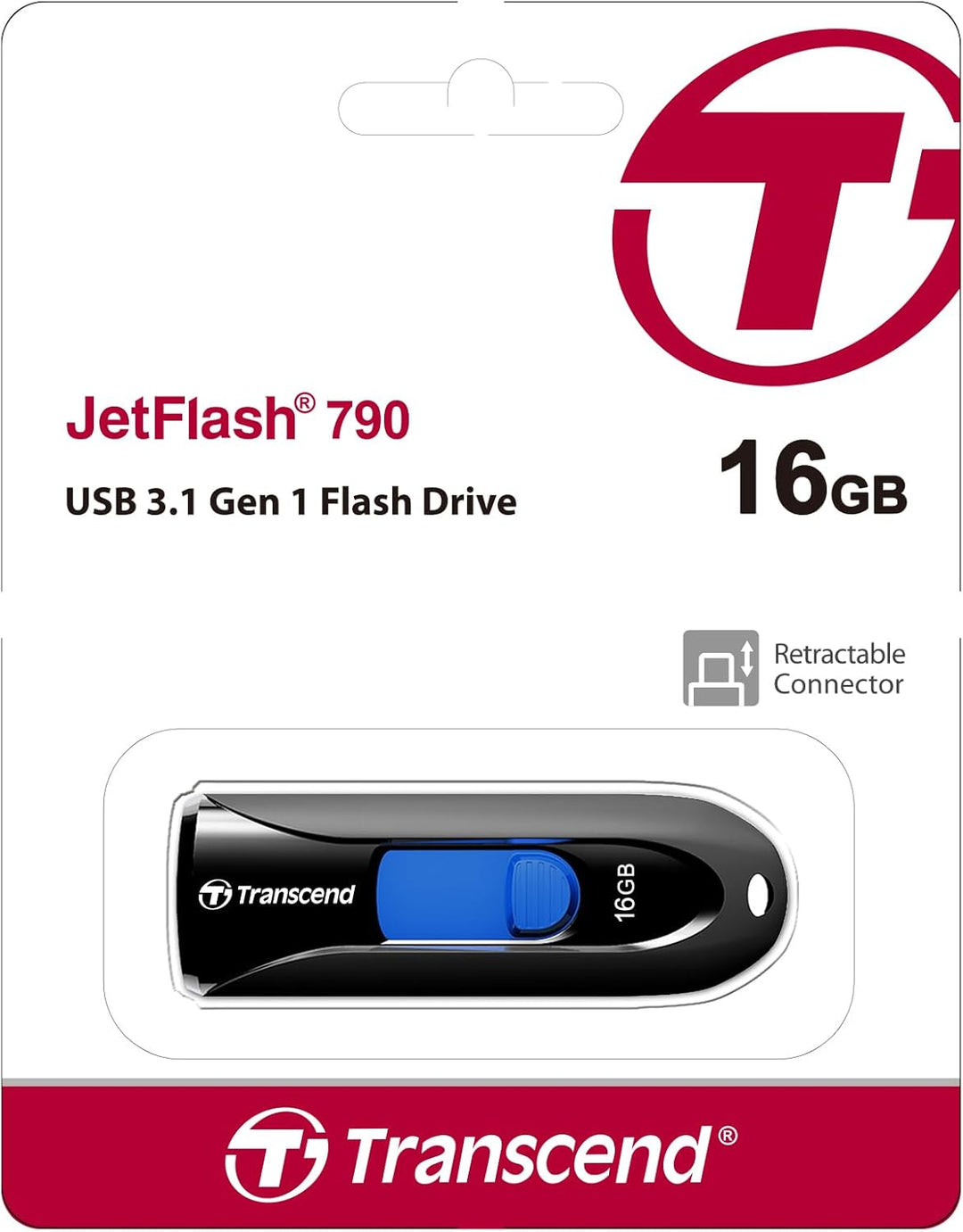 Transcend JetFlash 790 USB-Stick 16GB – USB 3.1 Gen 1 / USB 3.2 Gen 1 Flash Drive, kappenloses Desig