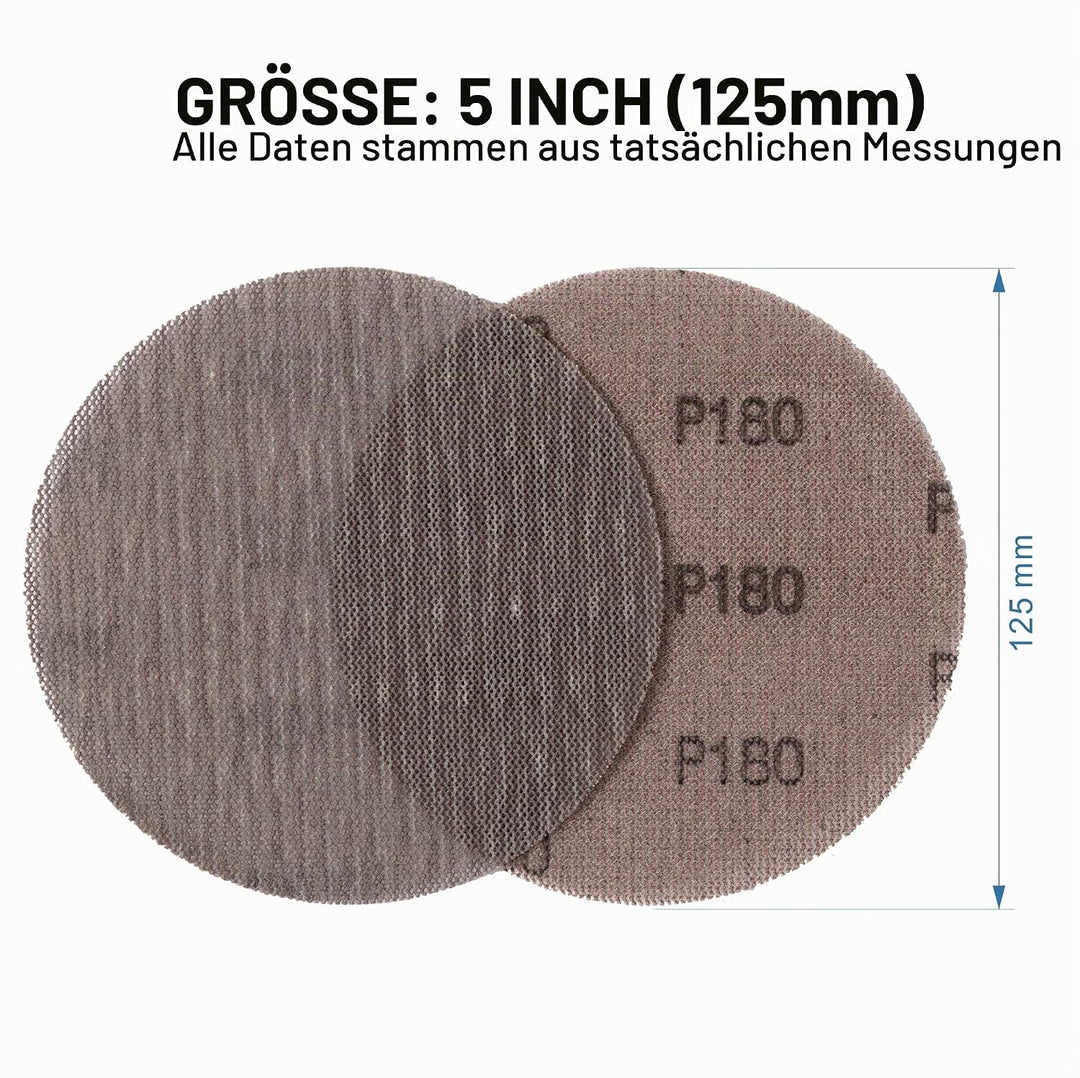 Schleifgitter 50 Stück 125mm Klett Körnung 180, Zum staubfreien Schleifen von Karosserie, Holz, Meta