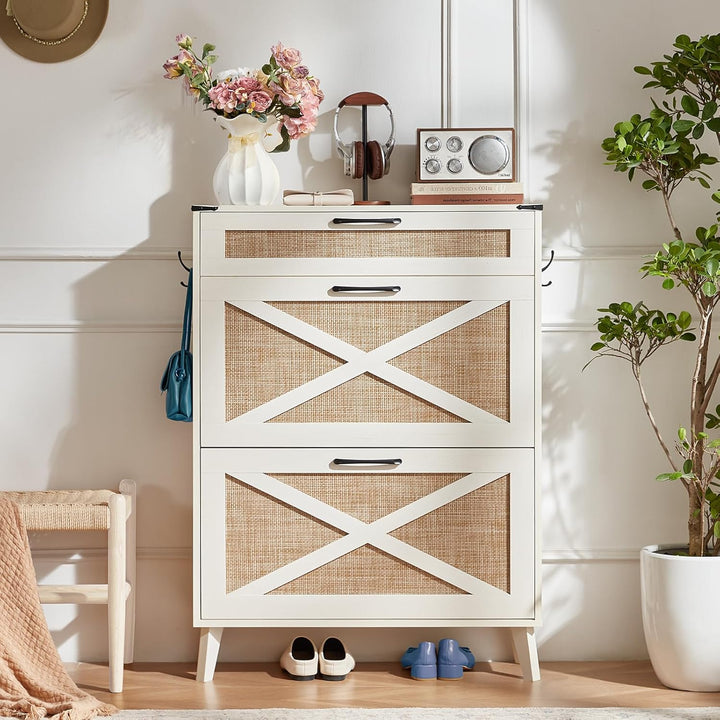 LELELINKY Schuhschrank für den Eingangsbereich mit 2 Rattan-Klappschubladen, schmaler Boho-Schuhschr