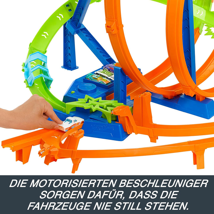 Hot Wheels Track Set, Episches Crash-Rennen mit 5 Crash-Zonen, motorisiertem Beschleuniger und 1 Aut