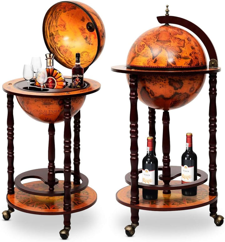 DREAMADE Globus Bar Barwagen, Weinregal auf Rollen, Minibar Globus Hausbar, Servierwagen mit Klassis