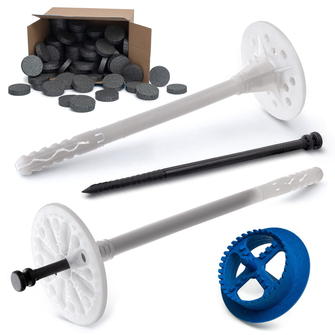 WDVS SET (Ø8x155mm Dämmstoffdübel mit Kunststoffnagel 1000St + Grau Styropor Rondelle 1000St + Styro