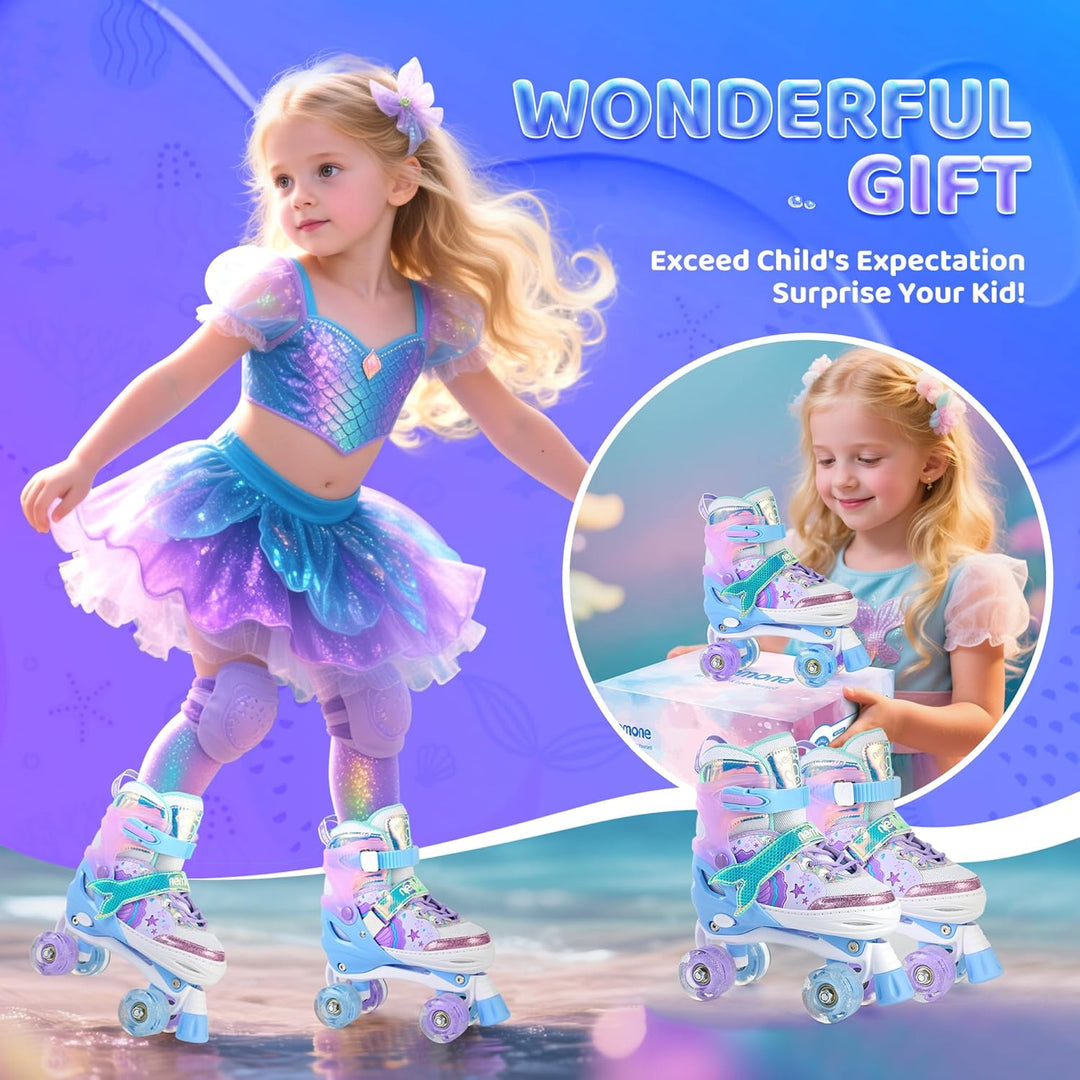 NEMONE Rollschuhe für Mädchen Kinder 4 Grössen Verstellbar Blau Violett Rollschuhe für Kinder Drinne