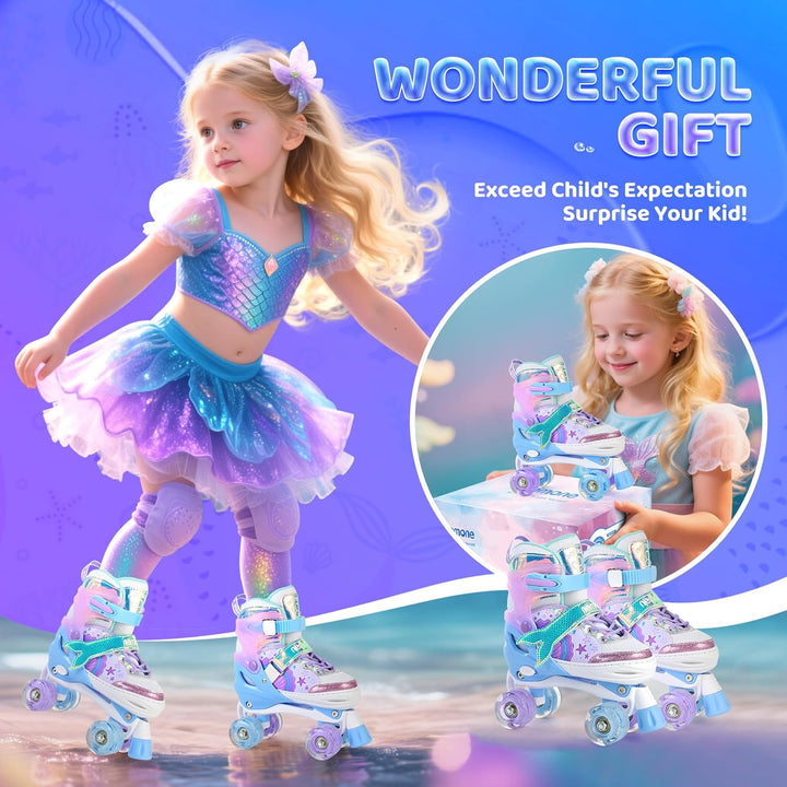 NEMONE Rollschuhe für Mädchen Kinder 4 Grössen Verstellbar Blau Violett Rollschuhe für Kinder Drinne
