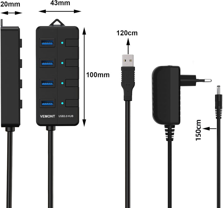 USB Hub mit Netzteil,VEMONT 4 Ports USB3.0 Hub USB Verteiler Aktiv Adapter und Einzelne EIN/Aus-Scha