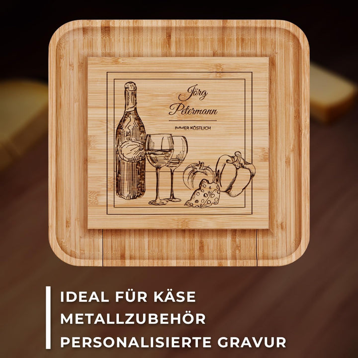 Maverton Käsebrett Servierplatte mit Gravur + 4er Käsemesser Set - aus Holz - 34x34cm - Geschenke fü