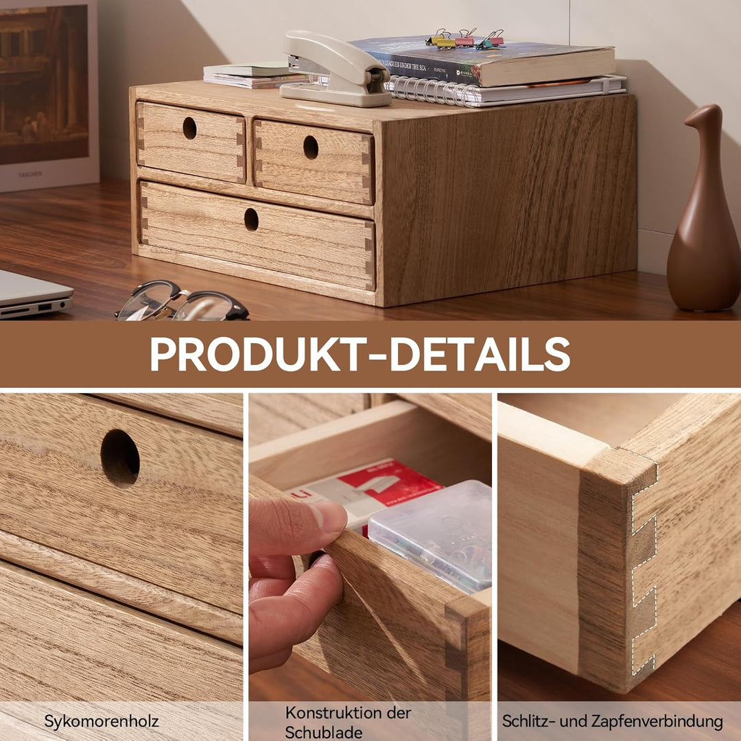 KIRIGEN Schreibtisch-Organizer aus Paulownia-Holz, 35 x 27 x 14,7 cm, Schubladenbox mit 3 Schubladen
