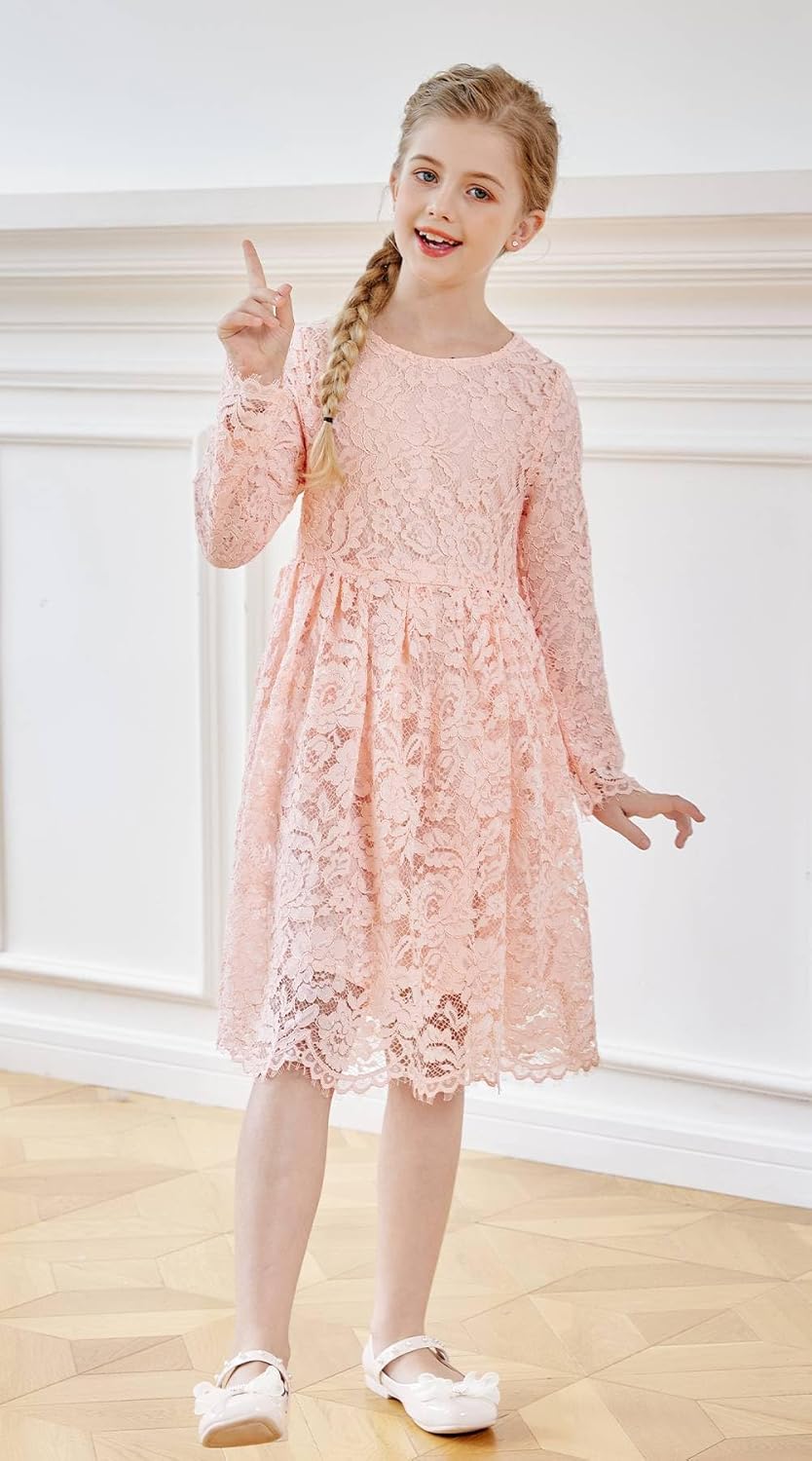 SMILING PINKER Mädchen Festliches Kleid Kinder Spitze Langarm Blumenmädchen Hochzeit Prinzessin Komm