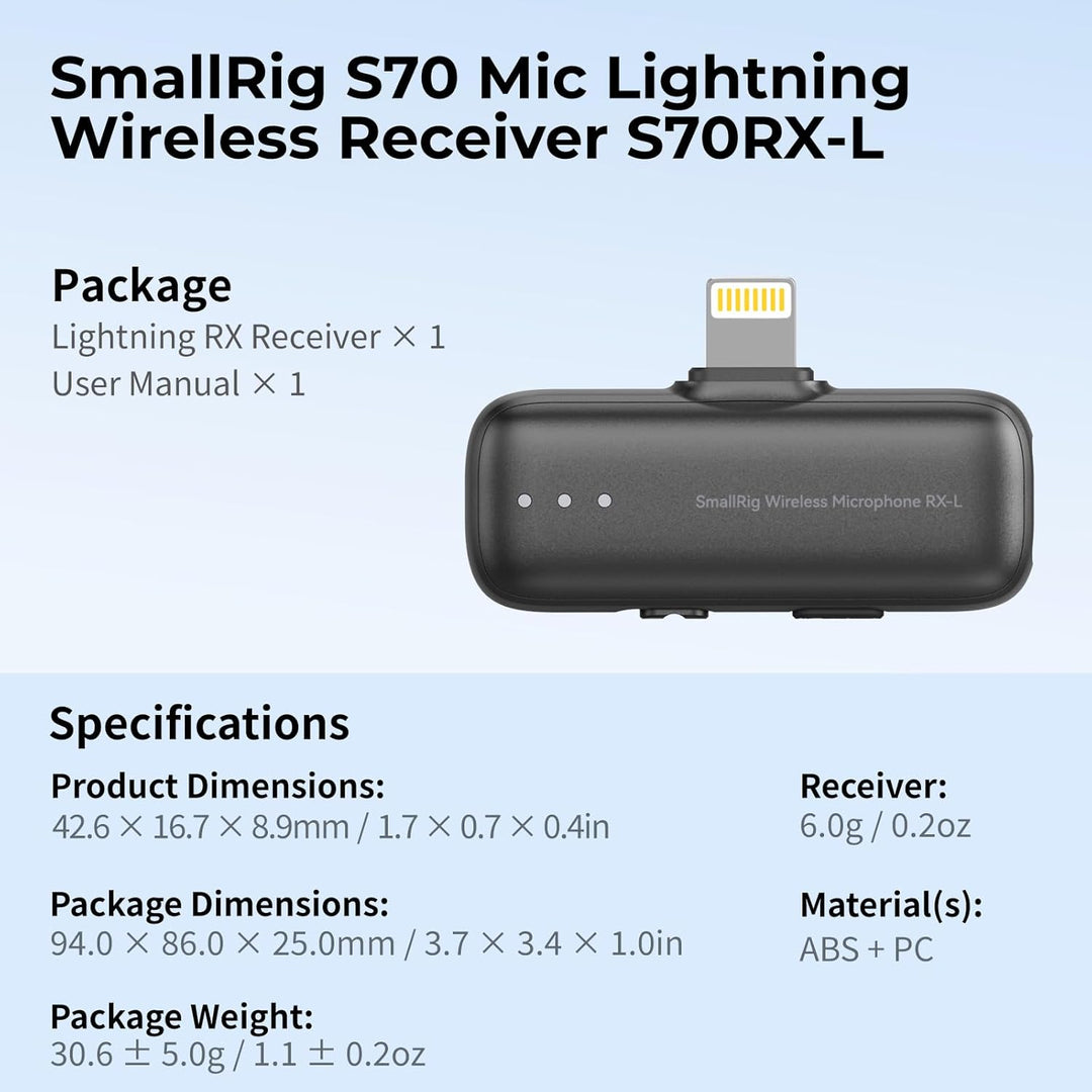 SMALLRIG S70 Mikrofon Lightning Funkempfänger S70RX-L für iPhone/für iPad, Professionell Abgestimmt