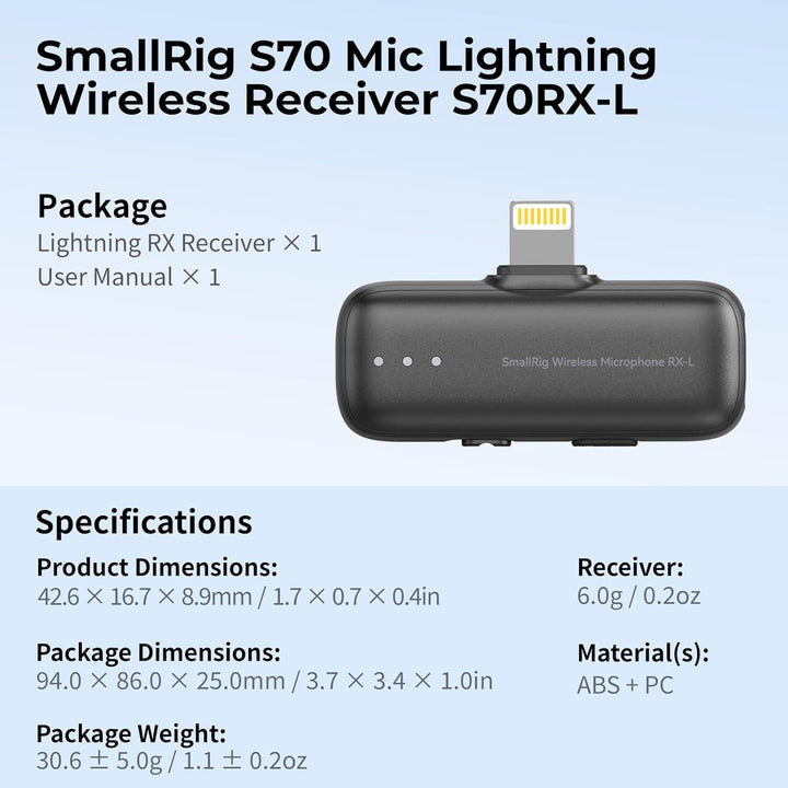 SMALLRIG S70 Mikrofon Lightning Funkempfänger S70RX-L für iPhone/für iPad, Professionell Abgestimmt