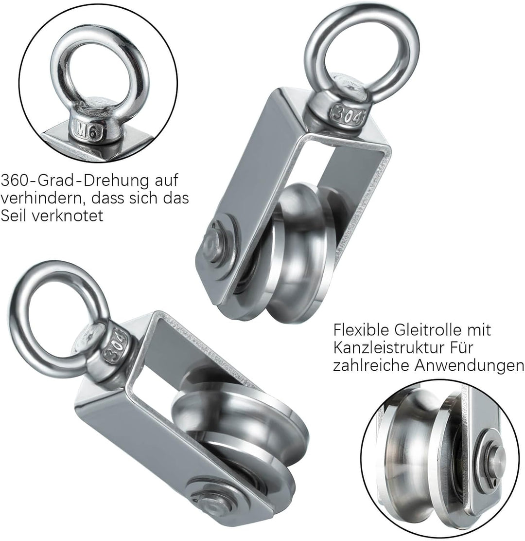 Umlenkrolle Edelstahl 201 für Stahlseil, Umlenkrollen für Seile, Seilrolle mit 2 Kugellager, 2 Stück