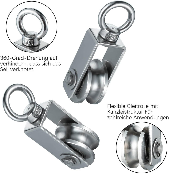 Umlenkrolle Edelstahl 201 für Stahlseil, Umlenkrollen für Seile, Seilrolle mit 2 Kugellager, 2 Stück