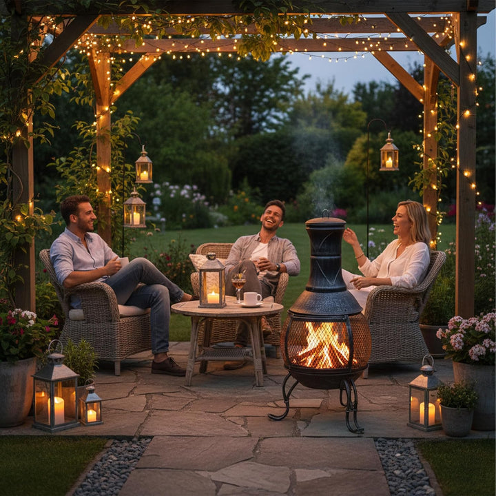Relaxdays Aztekenofen, Schürhaken, Holzrost, Funkenschutzgitter, Garten, Terrasse, Antik Terrassenof