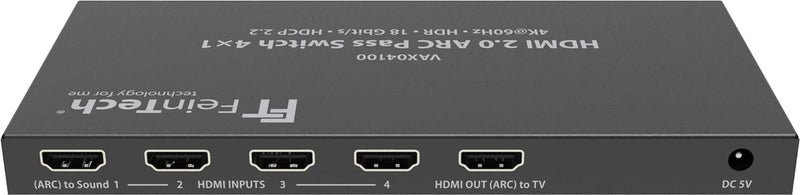 FeinTech VAX04100 HDMI 2.0 ARC Pass Switch 4x1, für 3 HDMI-Quellen, Soundbar und TV Beamer 4K HDR Do