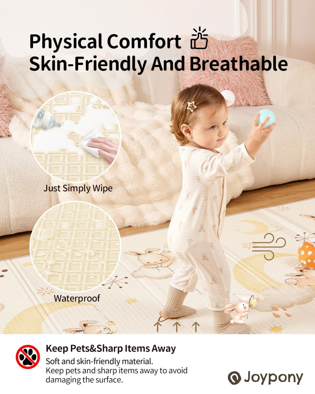 Joypony Krabbelmatte Baby, 120x120 CM Faltbare Spielmatte, Wasserdicht & Rutschfest, Baby Play Mat m