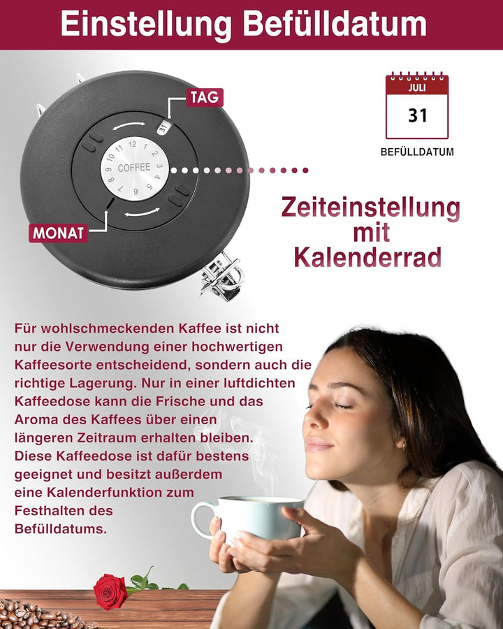 Kaffeedose luftdicht 500g - Silber - Kaffeebohnen Vorratsbehälter 1,5L aus Edelstahl mit Kalenderfun