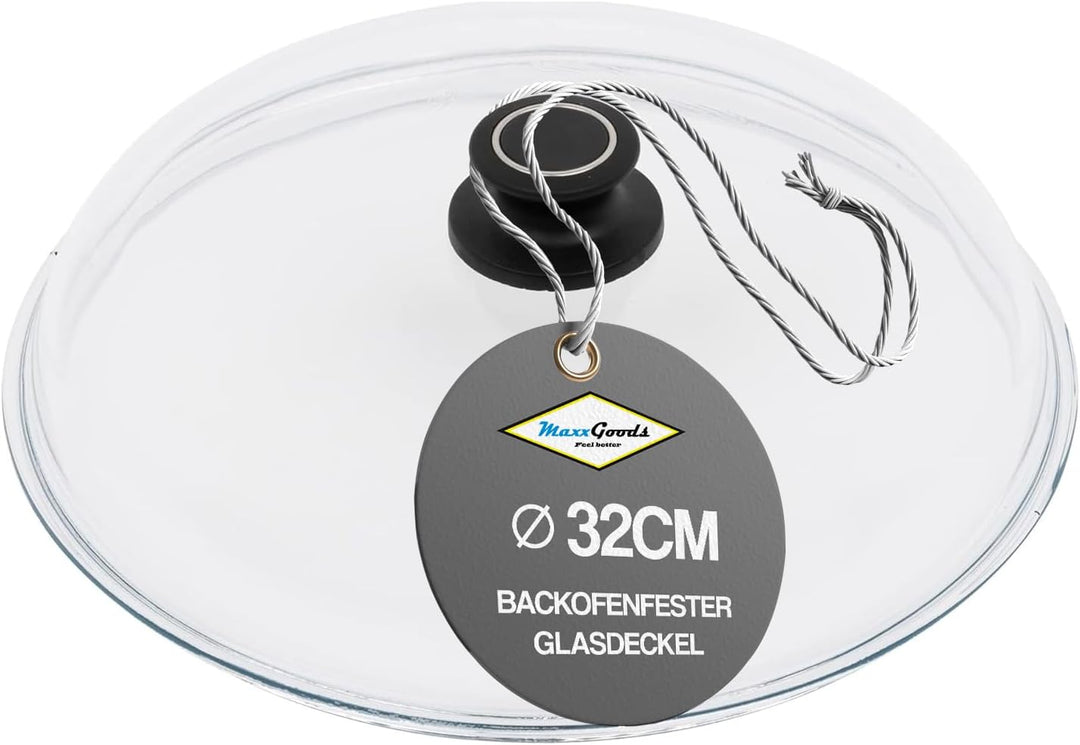MaxxGoods Simax Glasdeckel Ø 32 cm mit Knopf & Backofenfest | automatisches Entlüftungsventil | Hitz