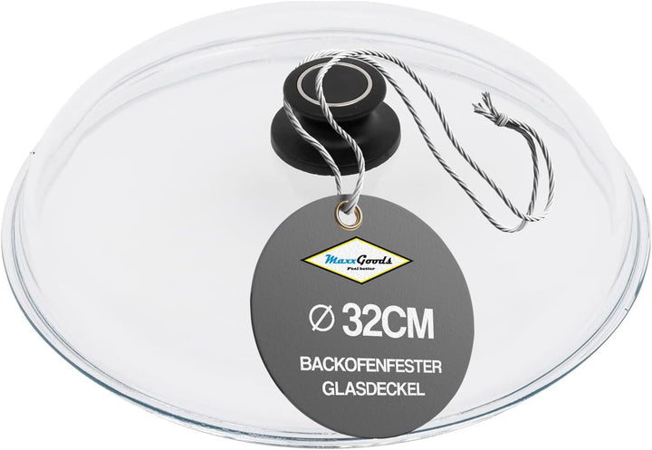 MaxxGoods Simax Glasdeckel Ø 32 cm mit Knopf & Backofenfest | automatisches Entlüftungsventil | Hitz