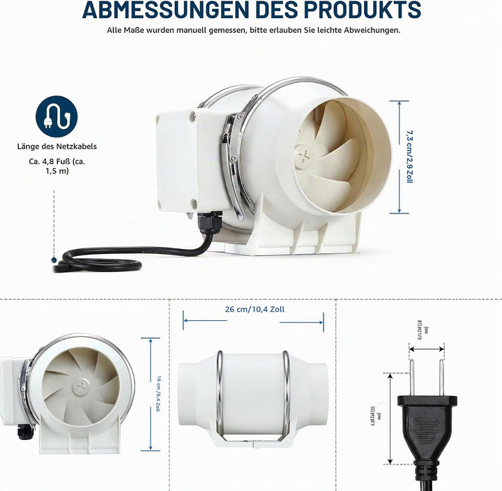 75mm Rohrventilator Kanalventilator mit Druckknopfschalter | 120 CFM Inline-Lüfter Abluftventilator,