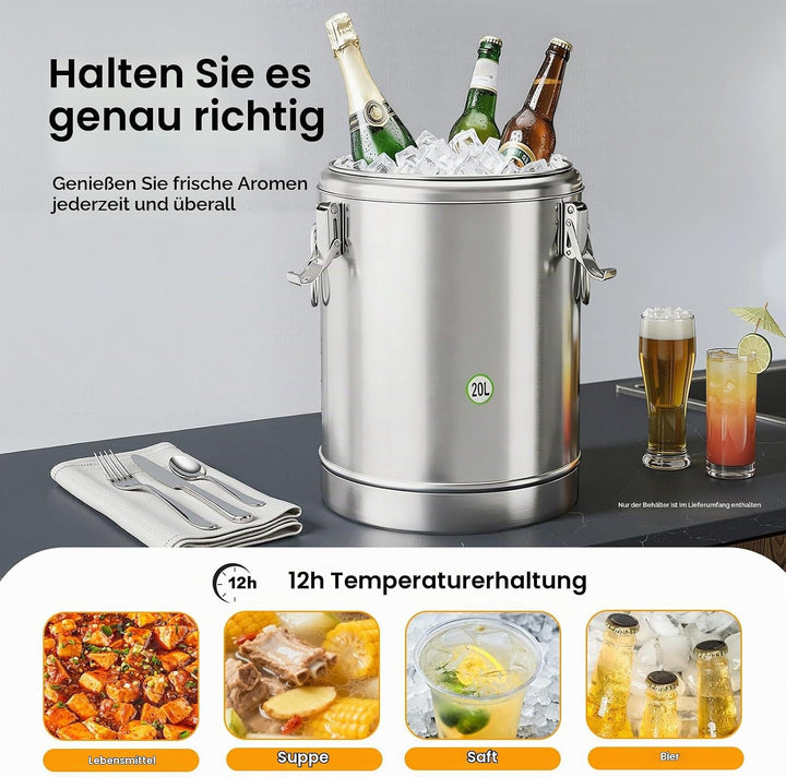 Transport Thermobehälter für Essen, 10/20/30L Gastro Warmhaltebehälter Isolierter Edelstahl Thermobo