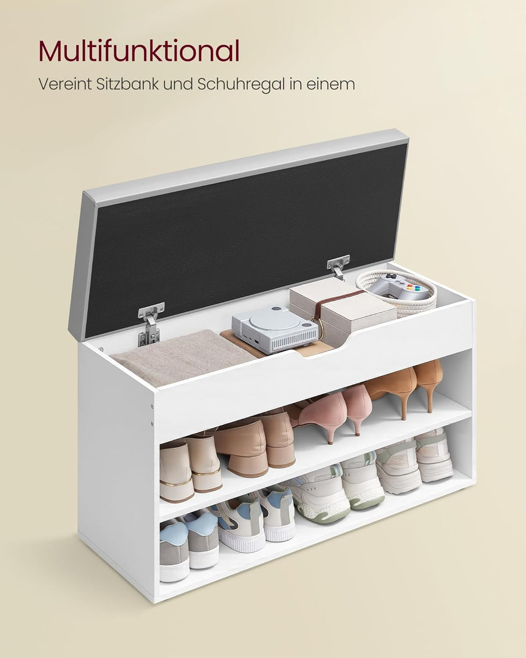 VASAGLE Schuhbank, Sitzbank, Schuhregal mit gepolstertem Kissen, Schuhorganizer mit 3 Ebenen, 30 x 8