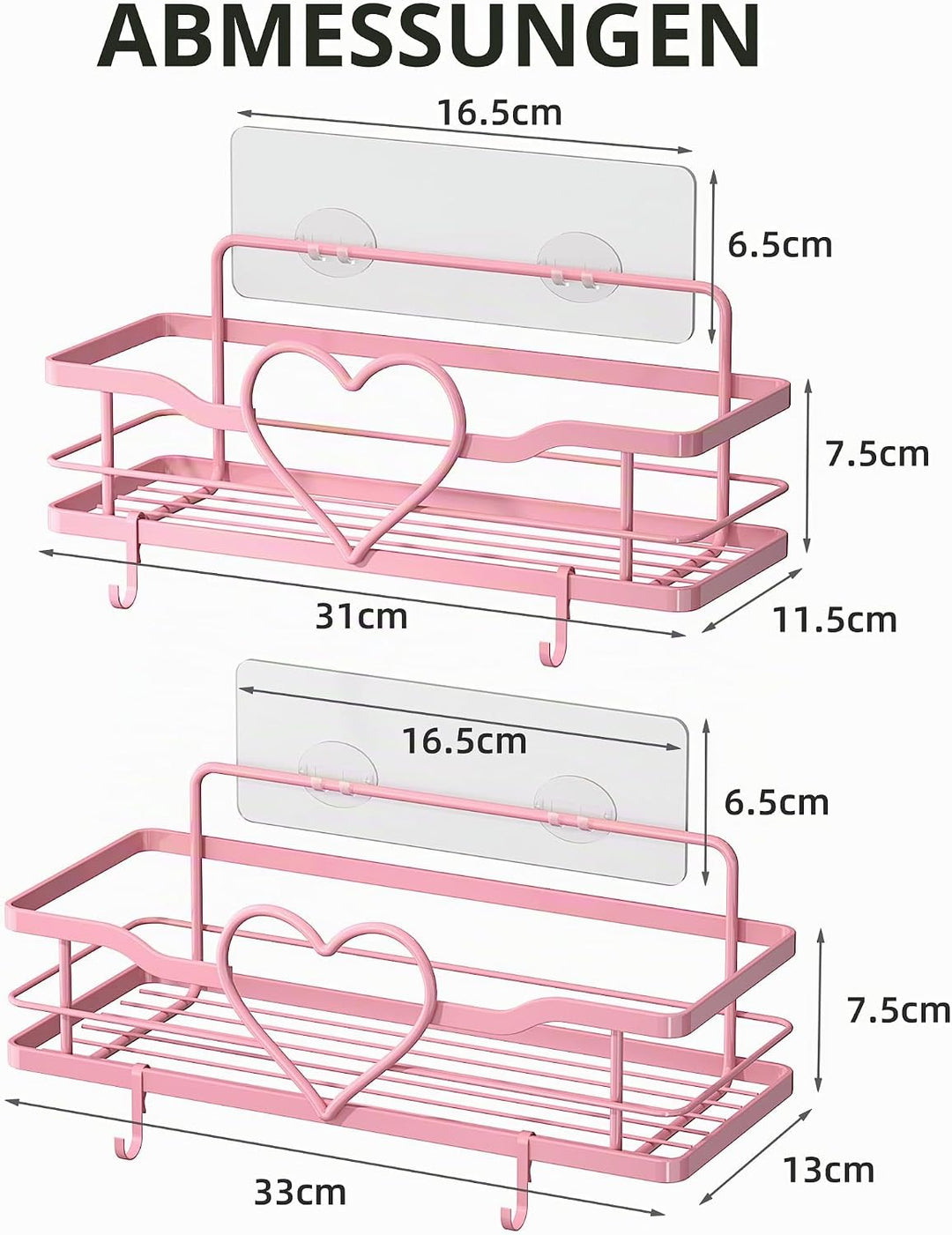 2 Stück Duschablage Ohne Bohren, Rosa Duschregal mit 4 Haken, Dusche Halterung Duschkorb zum kleben,