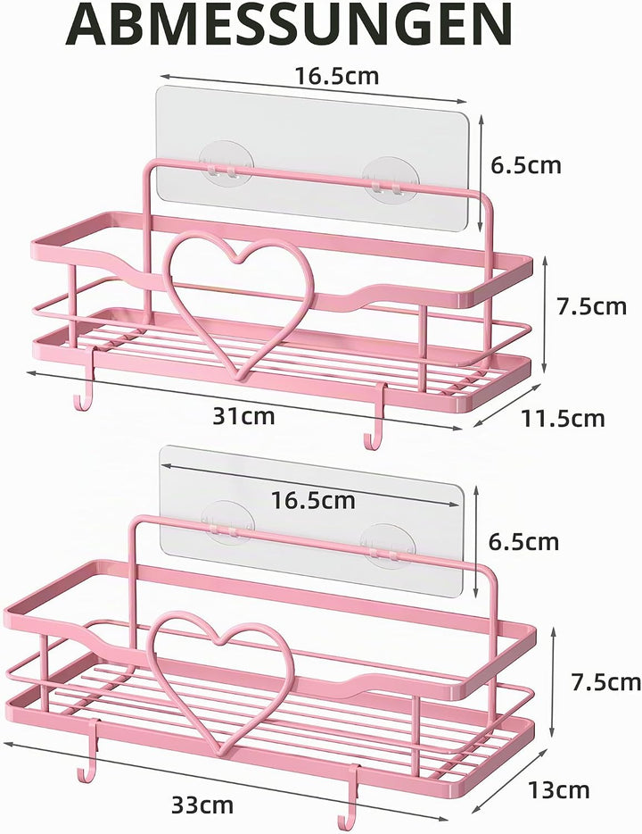 2 Stück Duschablage Ohne Bohren, Rosa Duschregal mit 4 Haken, Dusche Halterung Duschkorb zum kleben,
