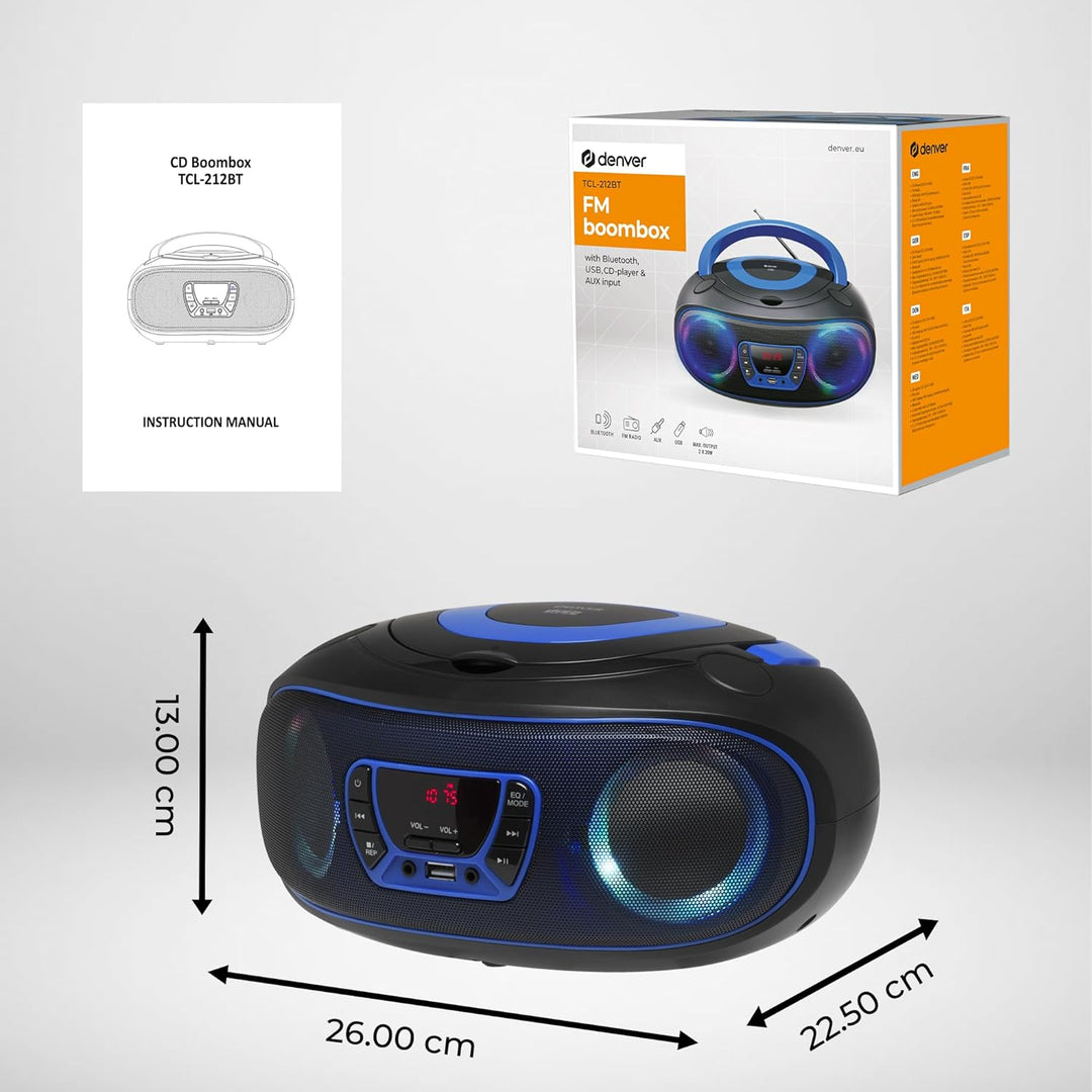 Denver TCL212BT Radio mit Bluetooth, Bluetooth Radio mit Lichteffekte, Tragbarer CD player, AUX, USB