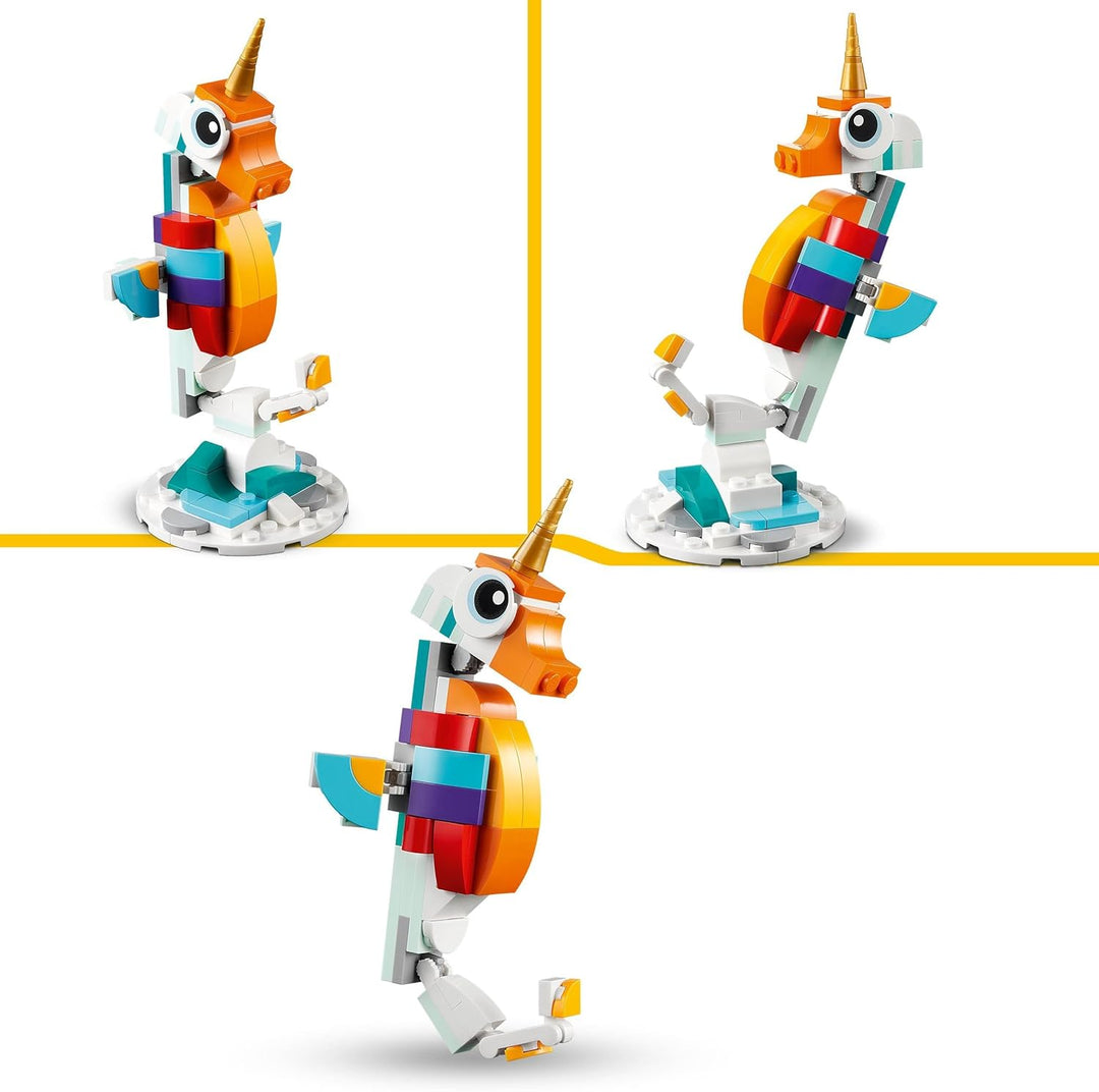 LEGO 31140 Creator 3in1 Magisches Einhorn Spielzeug, Seepferdchen, Pfau, Regenbogen-Einhorn-Tierfigu