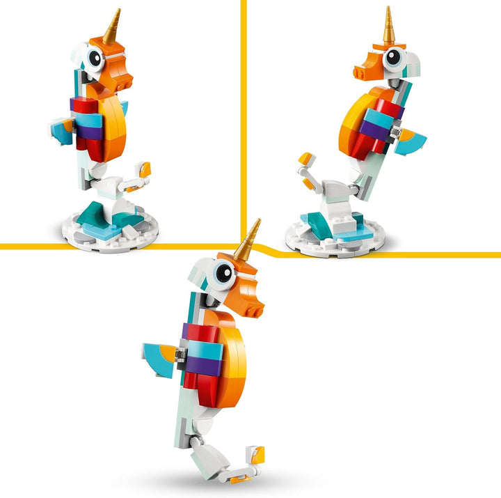 LEGO 31140 Creator 3in1 Magisches Einhorn Spielzeug, Seepferdchen, Pfau, Regenbogen-Einhorn-Tierfigu