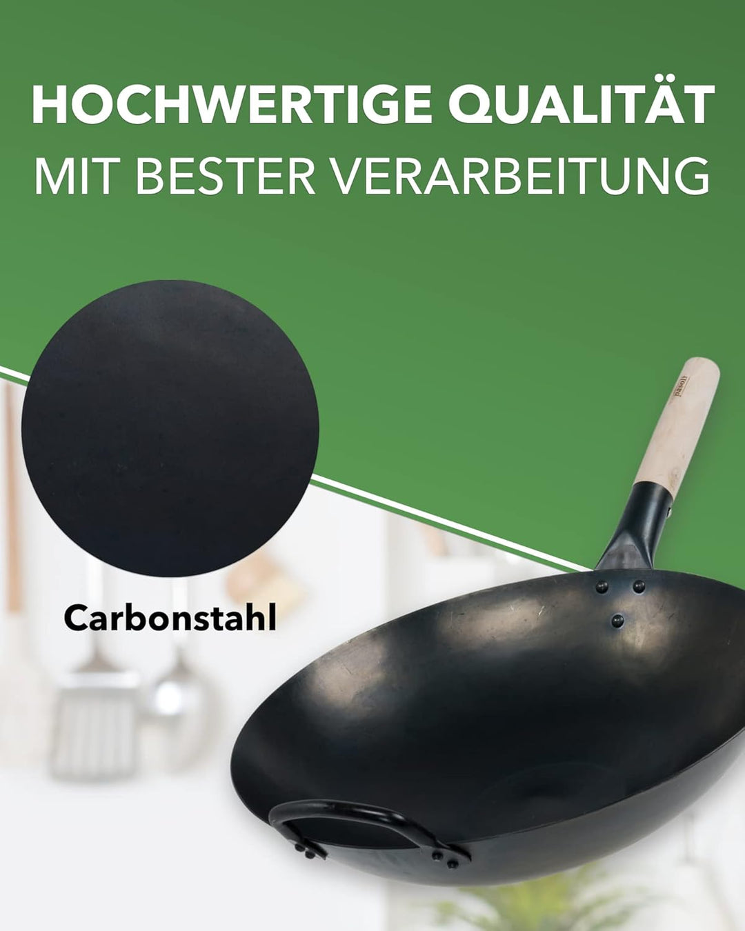 pasoli handgehämmerter Wok + gratis Rezepte eBook - voreingebrannt - traditionelle Asiapfanne - Brat