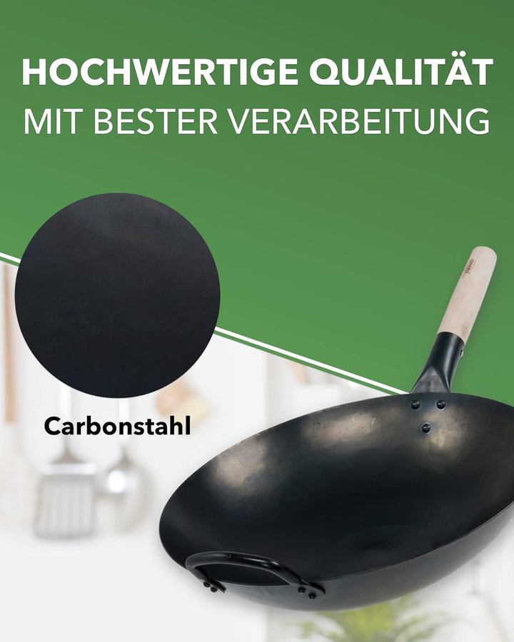 pasoli handgehämmerter Wok + gratis Rezepte eBook - voreingebrannt - traditionelle Asiapfanne - Brat