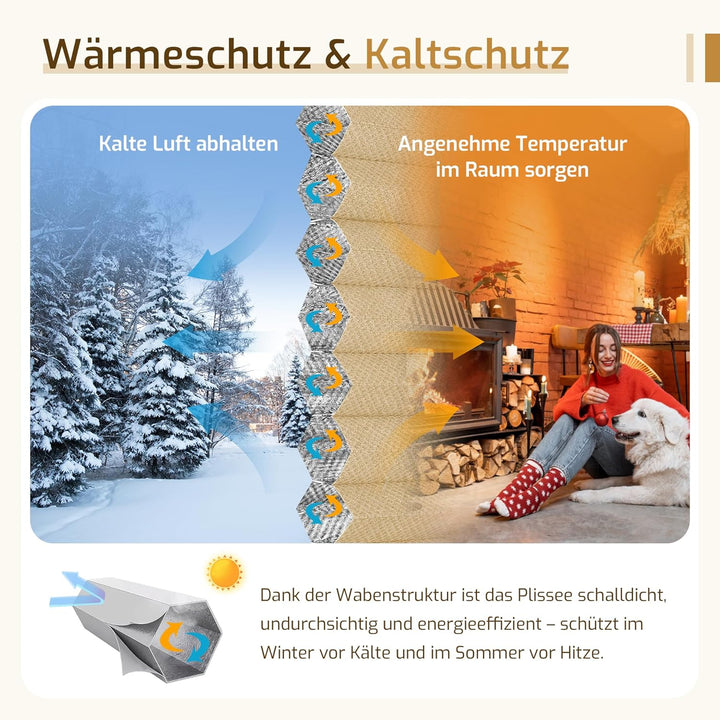 Grandekor Wabenplissee ohne Bohren Weiss-Beige 45x110cm (BxH) | Verdunklungsplissee Klemmfix Plissee
