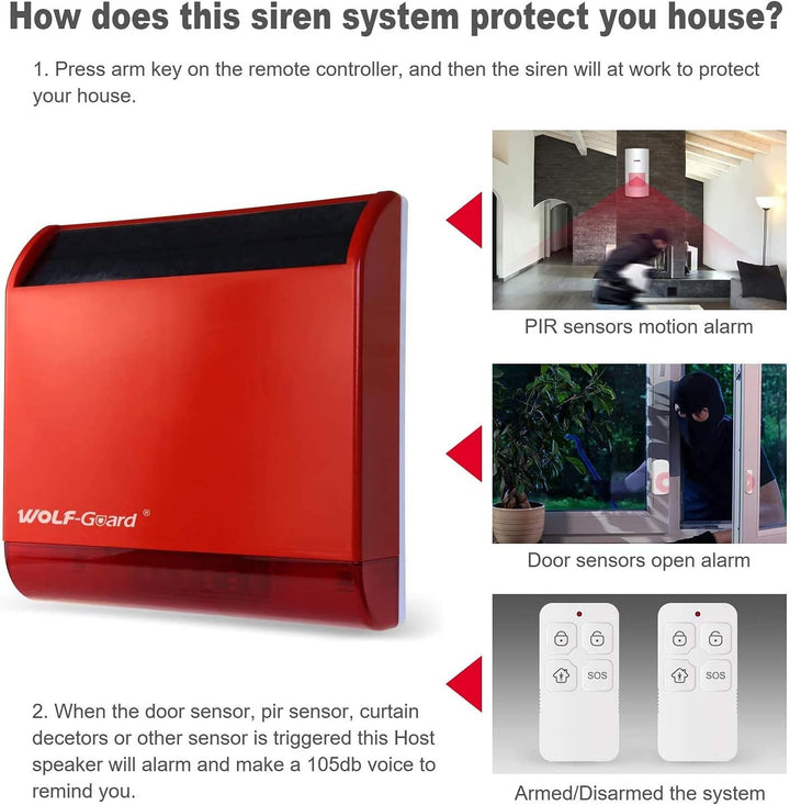 Wolf-Guard Wireless Solar Sirene Alarm (110dB), integrierter Akku, Manipulationsalarm, kabelloser Ha