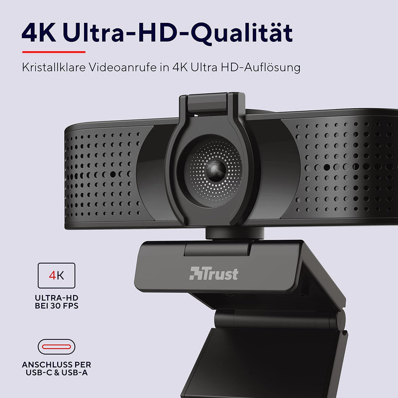 Trust Teza 4K Ultra HD Webcam, 3840x2160 mit 2 Mikrofonen und Autofokus, 30 FPS, USB Plug & Play, We