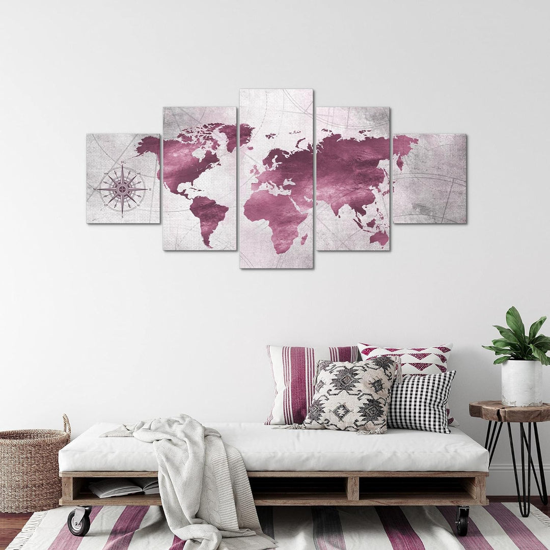 Runa Art - Bilder Weltkarte 200 x 100 cm 5 Teilig XXL Wanddekoration Design Pink 026051b 200 x 100 c