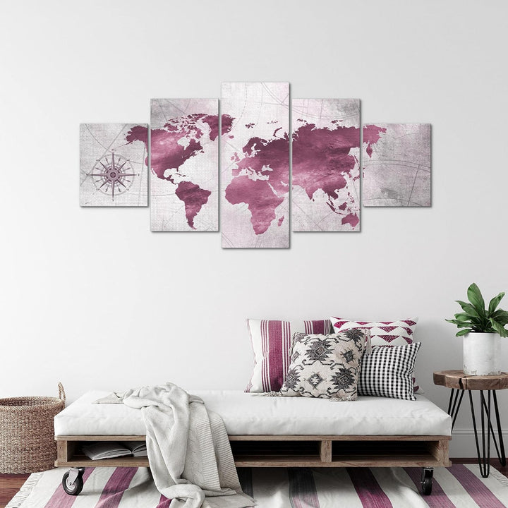 Runa Art - Bilder Weltkarte 200 x 100 cm 5 Teilig XXL Wanddekoration Design Pink 026051b 200 x 100 c