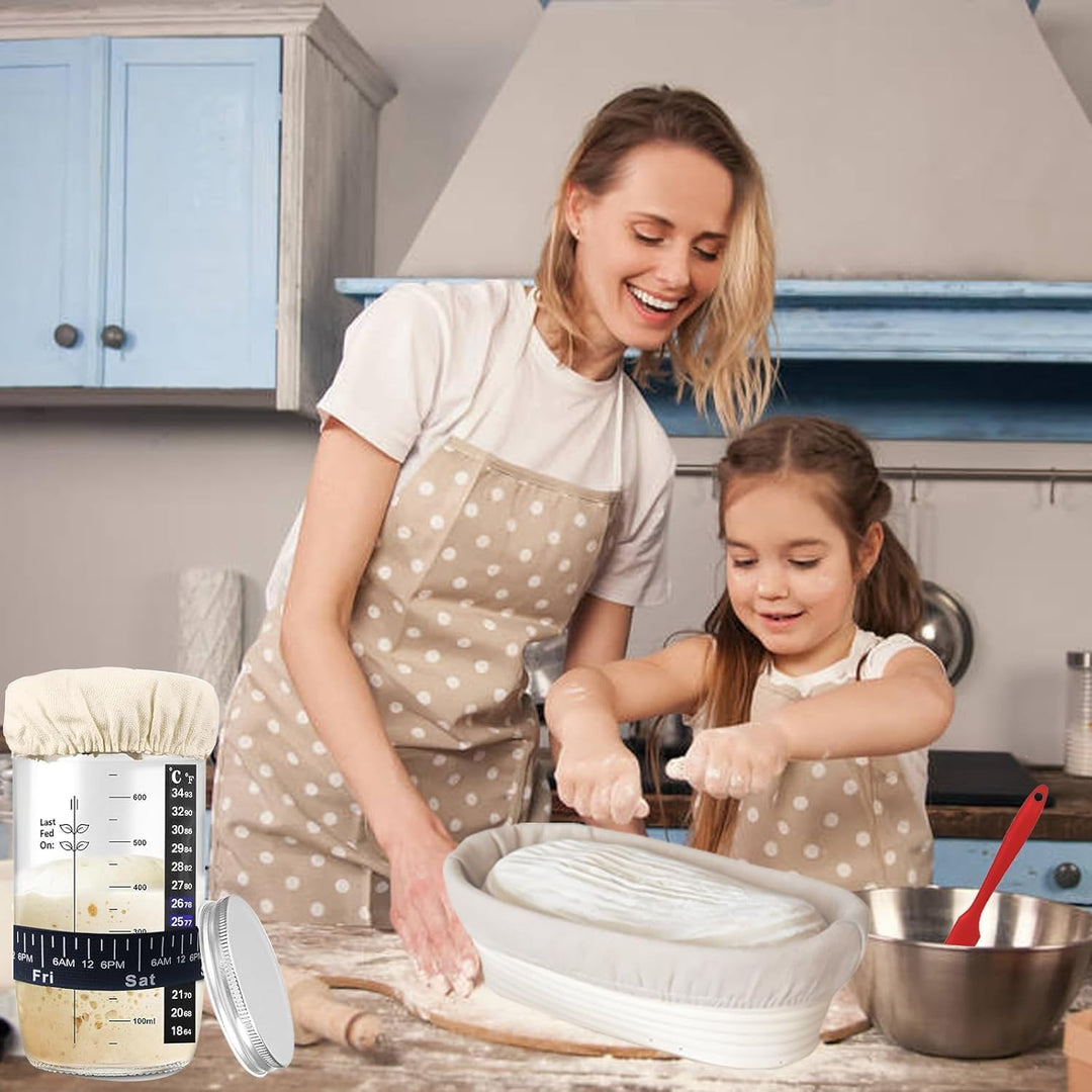 Brotbackset mit 2 Gärkörben (24 cm Rund & 25 cm Oval), inkl. Sauerteig-Glas, Brotschneider, Teigscha