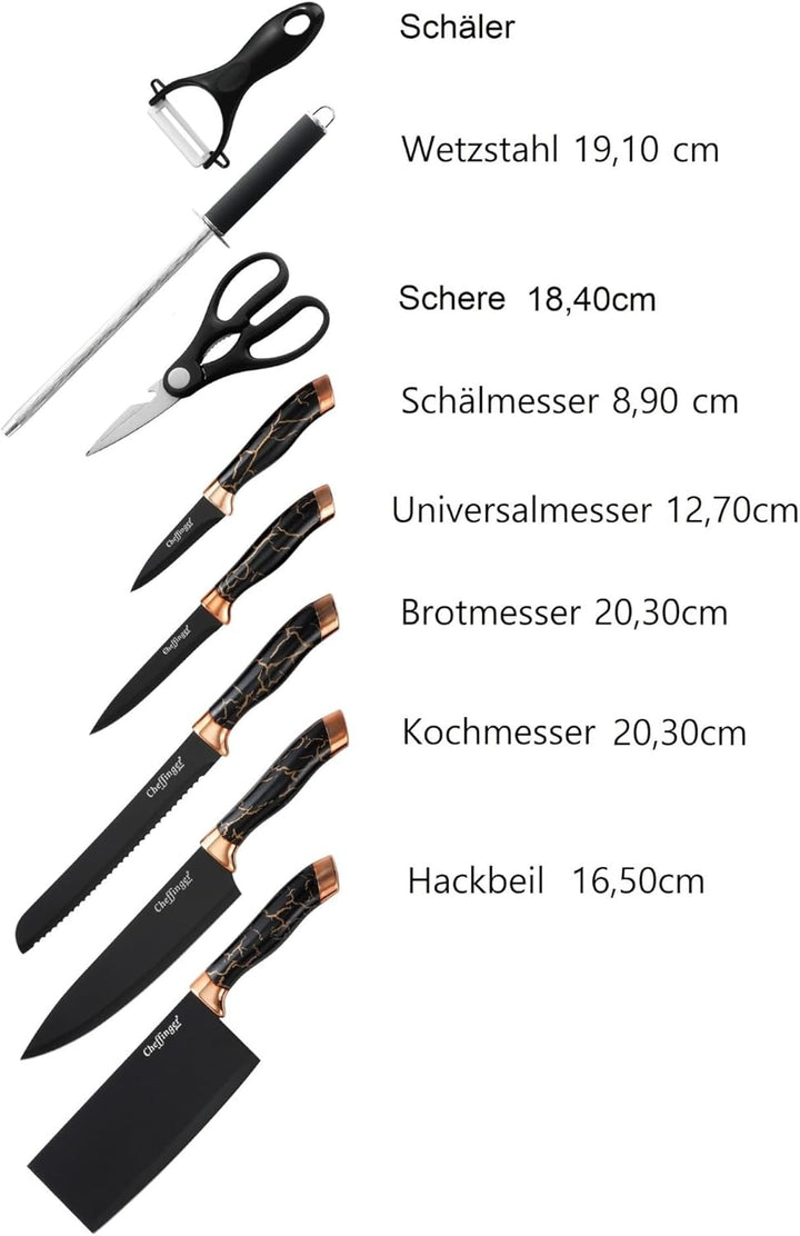 9 tlg. Messerset Kochmesser Messerständer drehbar Messerblock Marmor Gold