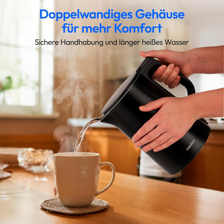 MEDION Wasserkocher Edelstahl (1,5 Liter, 2.200 Watt, 360° Basis, Warmhaltefunktion, LED Betriebsanz