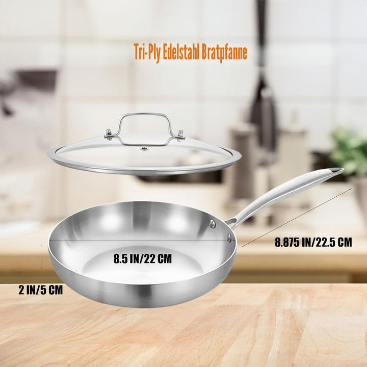 Inqibee Edelstahlpfanne Bratpfanne Unbeschichtet 22 cm mit Deckel - Pfanne Edelstahl, Stainless Stee