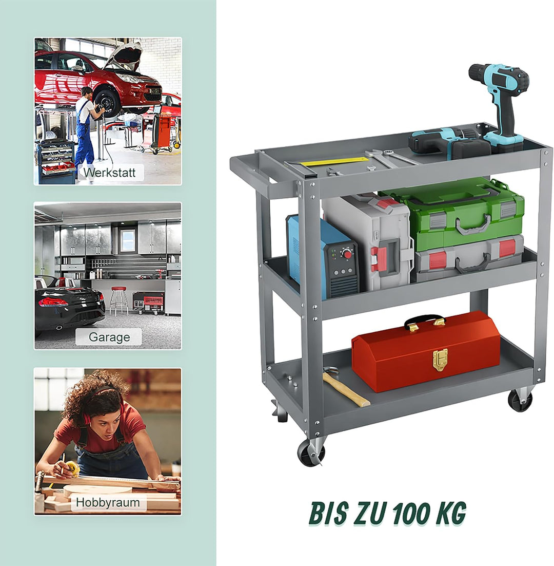 Relaxdays Werkstattwagen, Werkzeugwagen mit 3 Ebenen, mobiler Montagewagen, bis 100 kg belastbar, HB