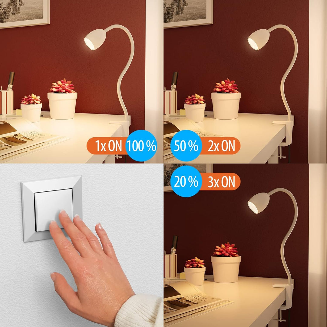 ledscom.de GU10 Klemmlampe KLUK mit Schwanenhals, weiss inkl. GU10, 3-Stufen-dimmbar, warm-weiss, W,