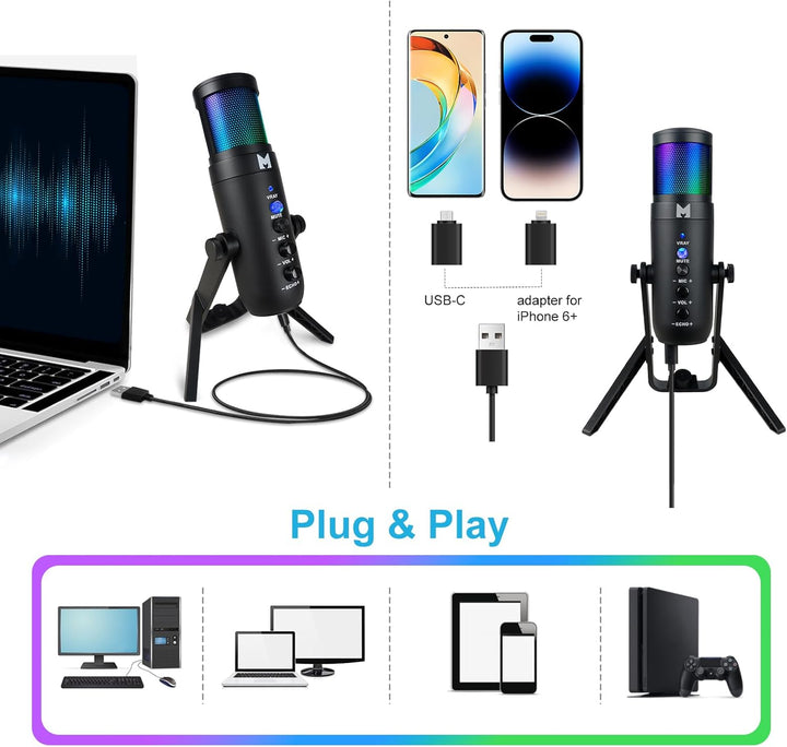 USB Mikrofon PC, Gaming Mikrofon für Streaming Podcast Voiceover, USB C Kondensator Mikrofon mit RGB