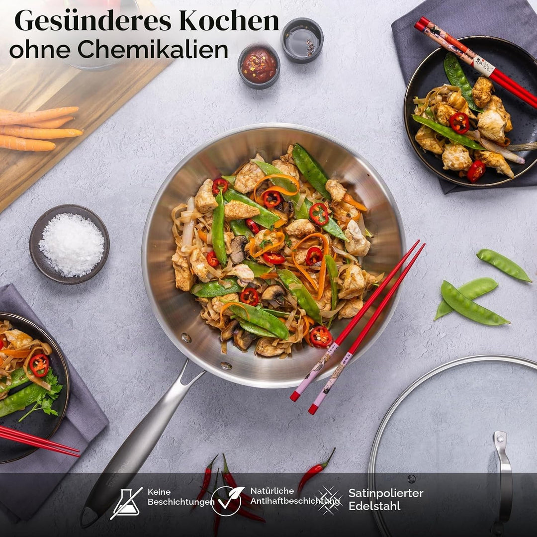 Nuovva Edelstahl Wokpfanne Antihaft – Induktionsgeeignete tiefe Pfanne zum Braten &amp; Wok-Kochen – 28