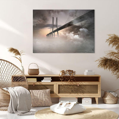 Bilder auf Leinwand 100x70cm Leinwandbild mit Rahmen Brücke Nebel Wasser Gross Wanddeko Bild Schlafz