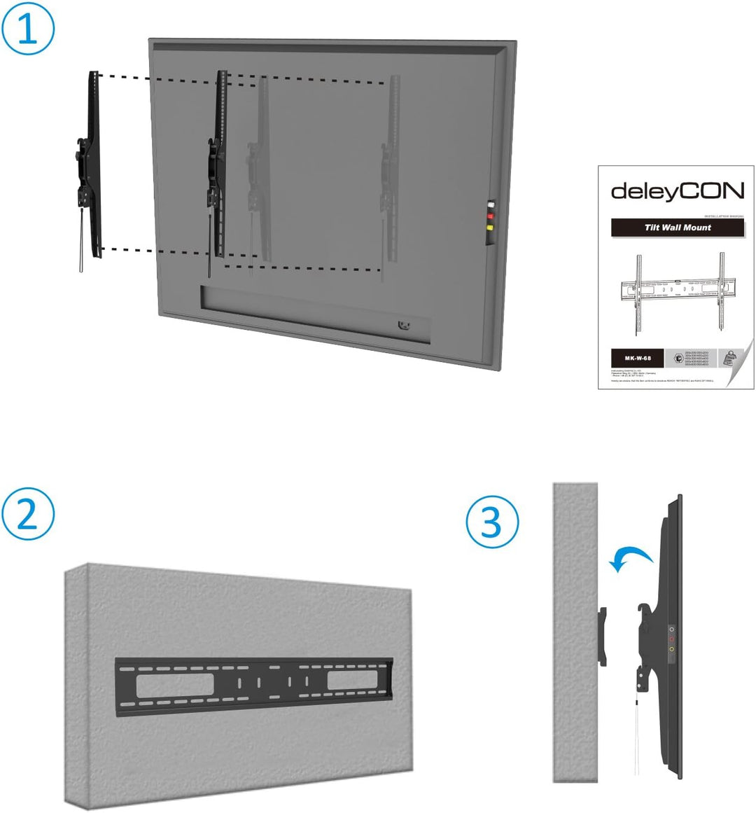 deleyCON Universal TV Wandhalterung 60"-100" Zoll (152-254cm) Neigbar - 75Kg - bis VESA 900x600 - Pl
