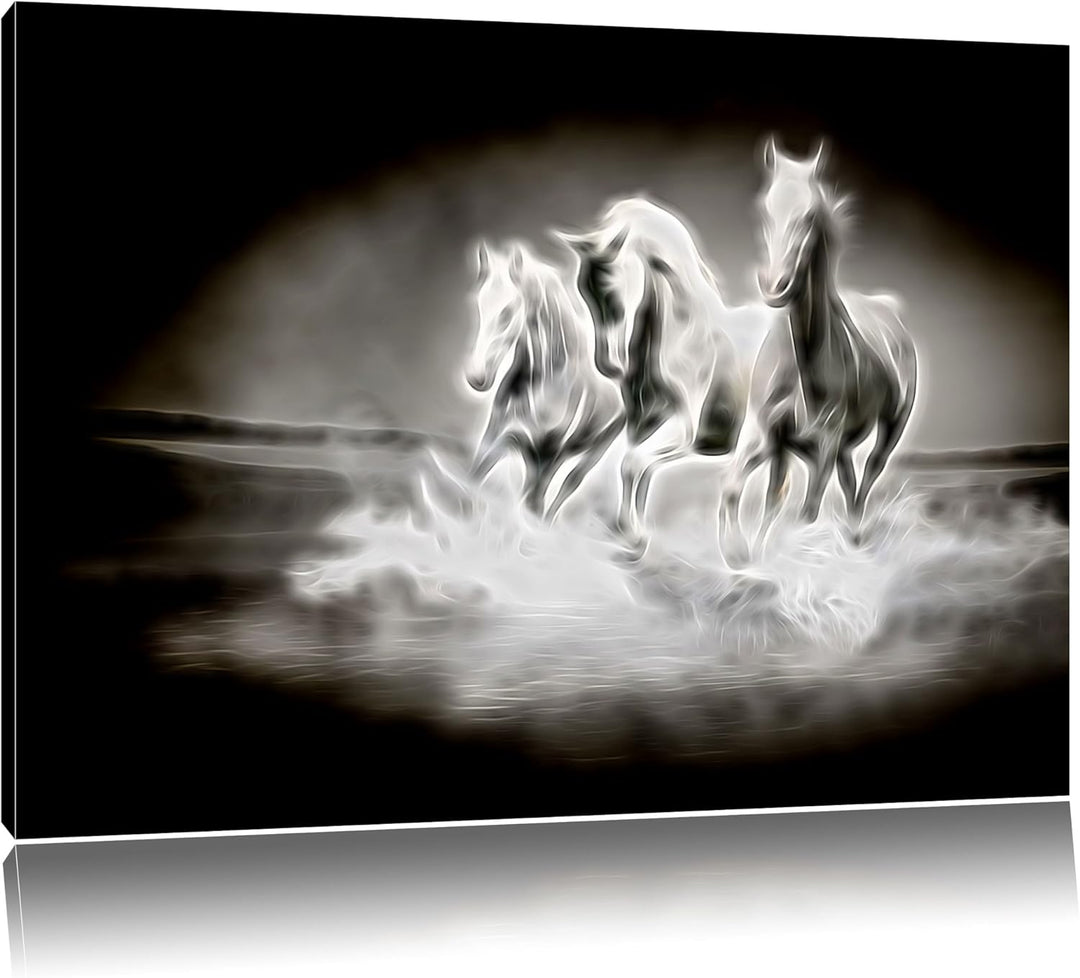 Dark Weisse Pferde rennen im Wasser Deluxe Format: 100x70 cm auf Leinwand, XXL riesige Bilder fertig