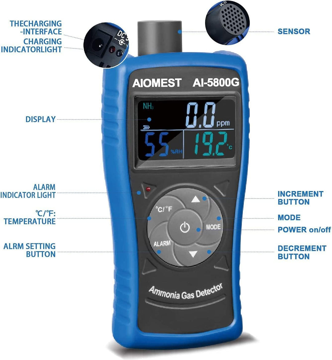 AIOMEST Gasmelder, AI-5800G Ammoniak-Gas-Detektor, 0~100PPM NH3 Iuftqualität Messgerät für Gasmelder