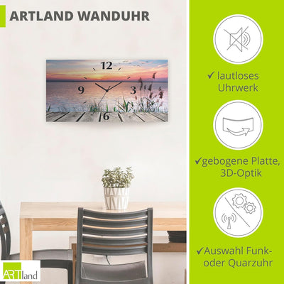 ARTLAND Wanduhr ohne Tickgeräusche Alu Funkuhr 50x25 cm Rechteckig Lautlos Landschaft Natur See Wolk